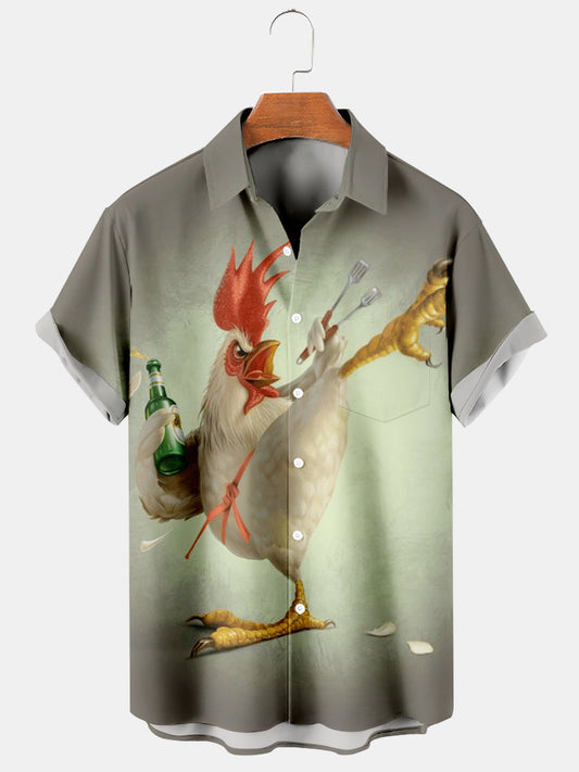 Men's Kung Fu Rooster Print Short Sleeve Shirt