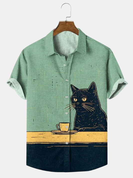 Men's Fun Black Cat Cold Coffee Art Print Casual Short Sleeve Shirt