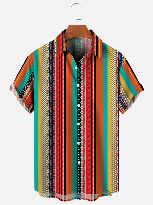 Men's Retro Ethnic Color Stripe Print Hawaiian Short Sleeve Shirt