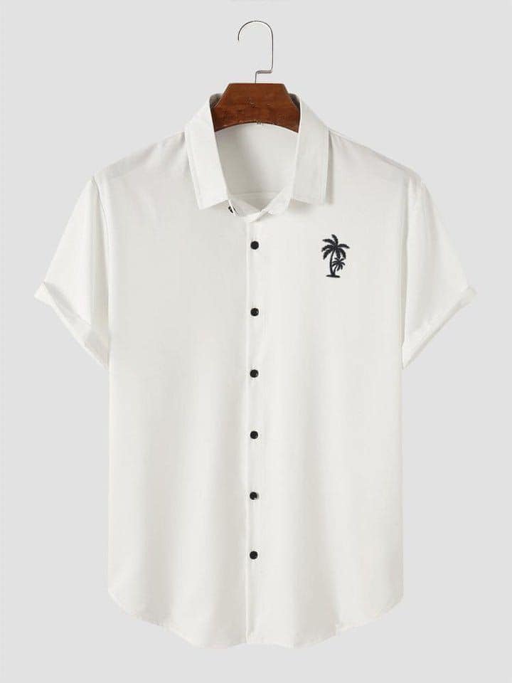 Men's solid Hawaiian palm tree print casual short sleeve shirt