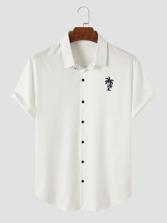 Men's solid Hawaiian palm tree print casual short sleeve shirt