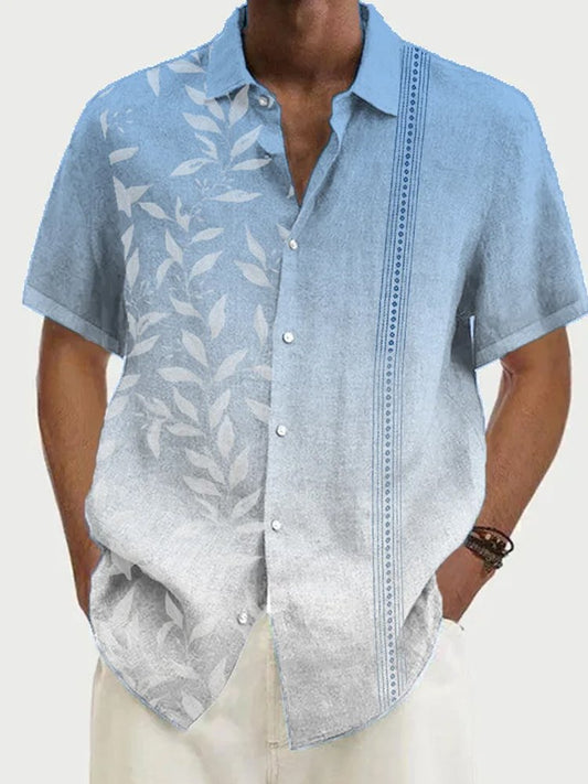 Men's Gradient Leaf Pattern Print Hawaiian Breathable Short Sleeve Shirt