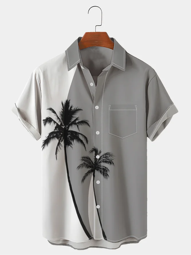 Men's Coconut Tree Colorblock Print Casual Breathable Hawaiian Short Sleeve Shirt with Pockets
