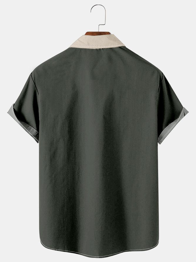 Mens Color-block Striped Casual Breathable Bowling Short Sleeve Shirts