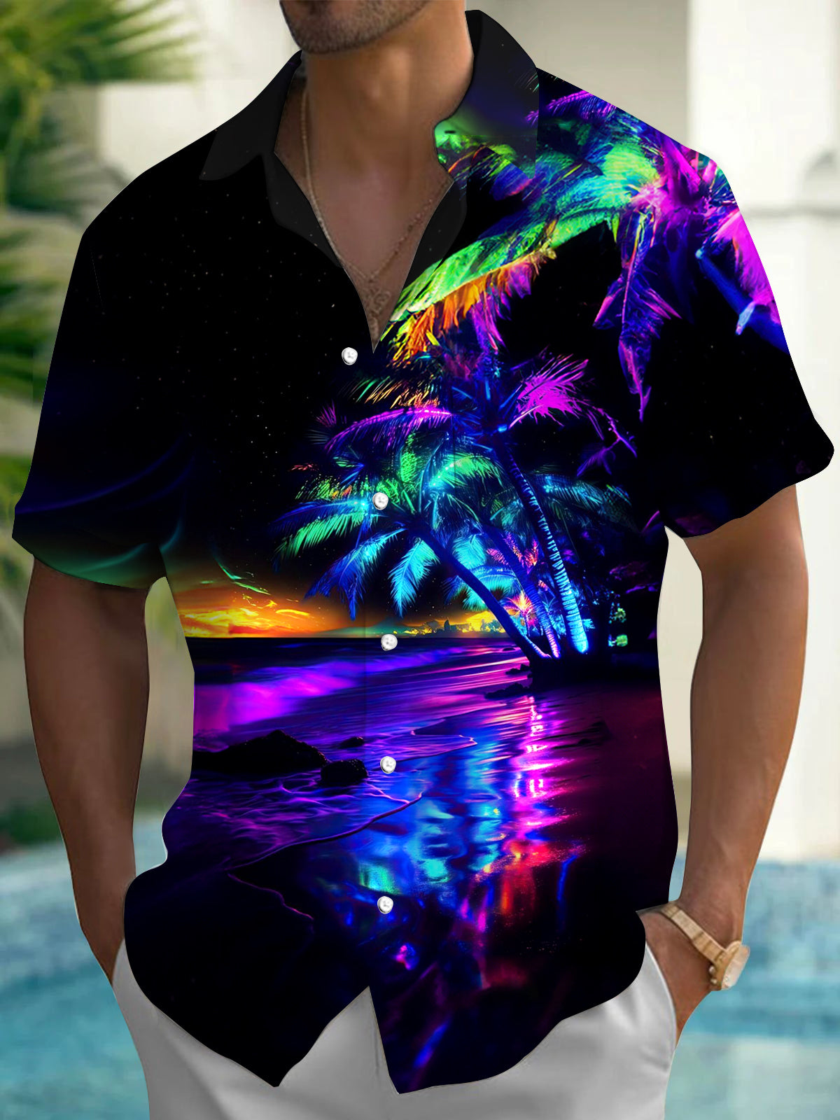 Men's Neon Palm Tree Beach Print Hawaiian Short Sleeve Shirt