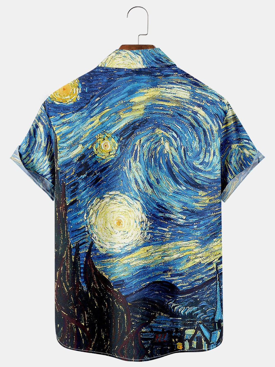 Mens Retro Van Gogh The Starry Night Lapel Loose Short Sleeve Shirts