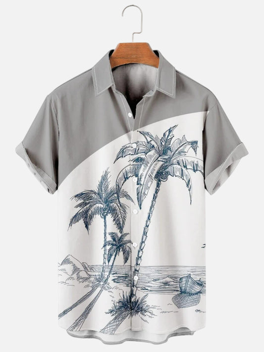 Men's Palm Tree Print Chest Pocket Hawaiian Short Sleeve Shirt