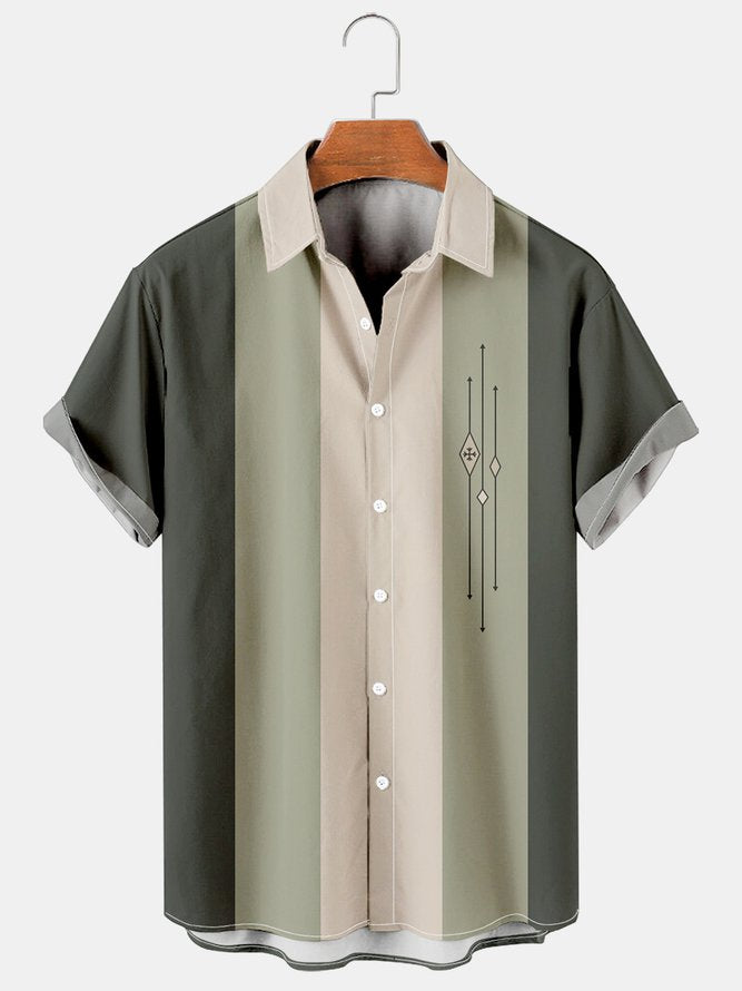 Mens Color-block Striped Casual Breathable Bowling Short Sleeve Shirts