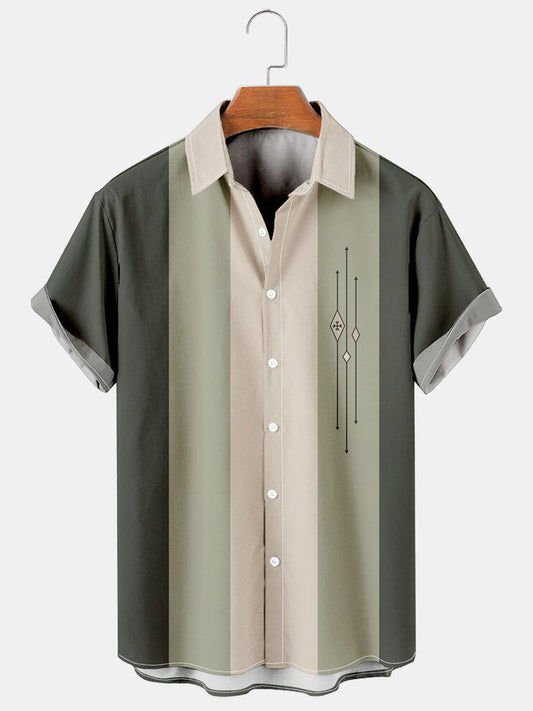 Mens Color-block Striped Casual Breathable Bowling Short Sleeve Shirts
