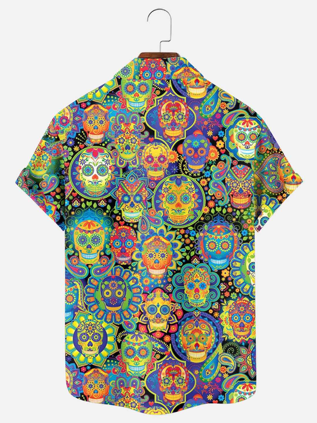 Men's Colorful Sugar Skull Print Hawaiian Short Sleeve Shirt