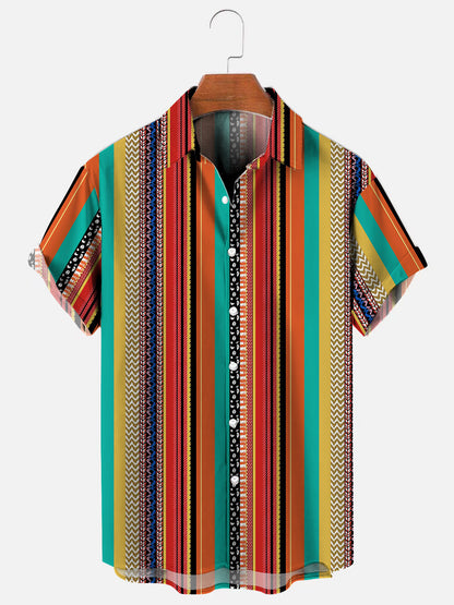 Men's Retro Ethnic Color Stripe Print Hawaiian Short Sleeve Shirt