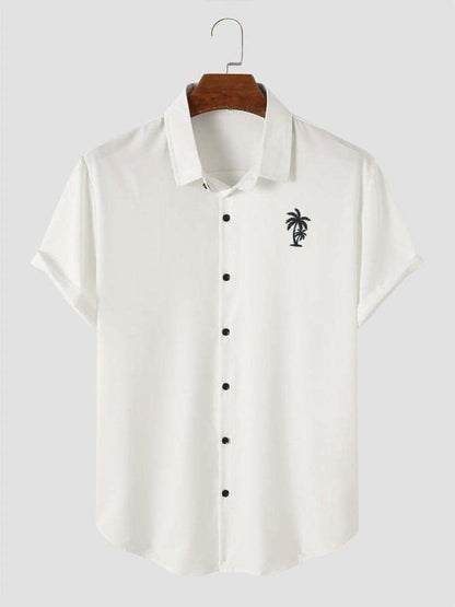 Men's solid Hawaiian palm tree print casual short sleeve shirt