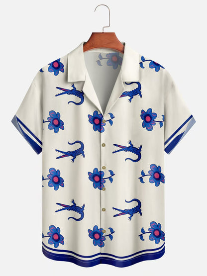 Men's White Lotus Crocodile Print Hawaiian Short Sleeve Shirt