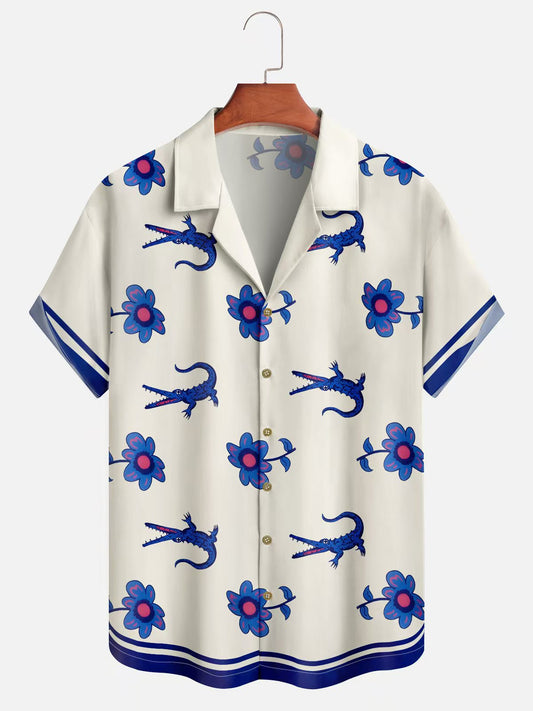 Men's White Lotus Crocodile Print Hawaiian Short Sleeve Shirt