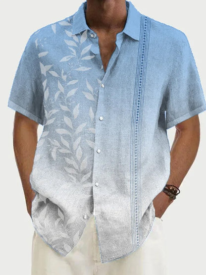 Men's Gradient Leaf Pattern Print Hawaiian Breathable Short Sleeve Shirt