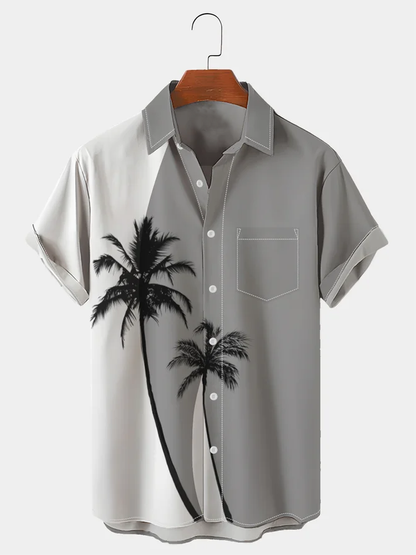 Men's Coconut Tree Colorblock Print Casual Breathable Hawaiian Short Sleeve Shirt with Pockets