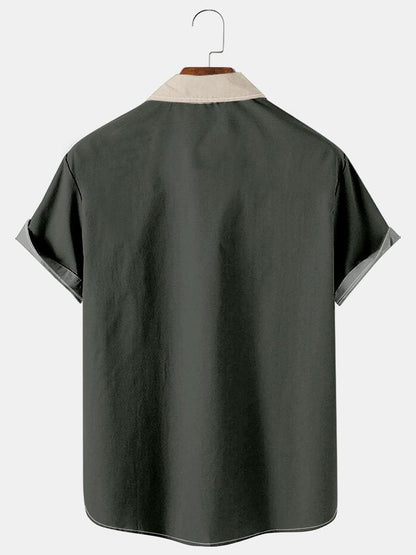 Mens Color-block Striped Casual Breathable Bowling Short Sleeve Shirts