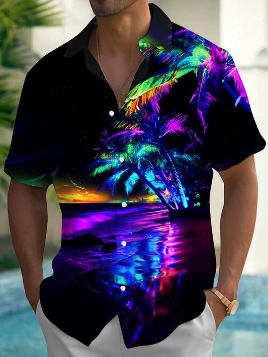 Men's Neon Palm Tree Beach Print Hawaiian Short Sleeve Shirt