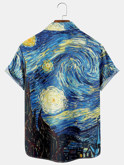Mens Retro Van Gogh The Starry Night Lapel Loose Short Sleeve Shirts