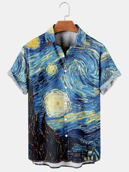 Mens Retro Van Gogh The Starry Night Lapel Loose Short Sleeve Shirts