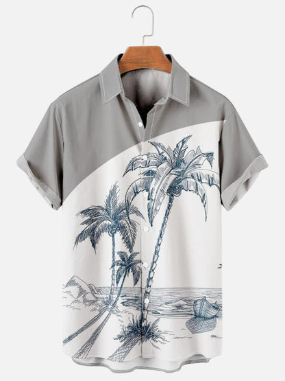 Men's Palm Tree Print Chest Pocket Hawaiian Short Sleeve Shirt