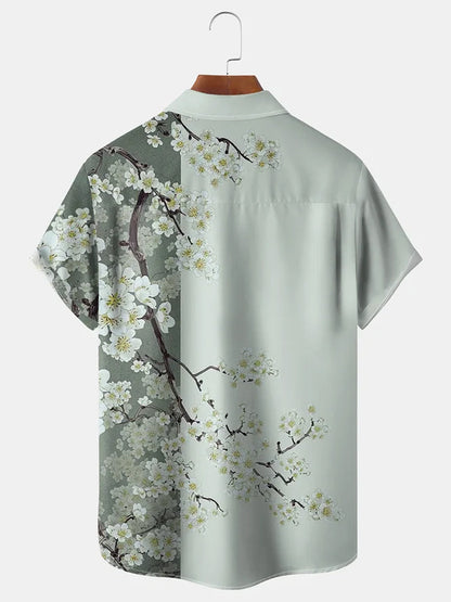 Floral Sakura Chest Pocket Short Sleeve Hawaiian Shirt