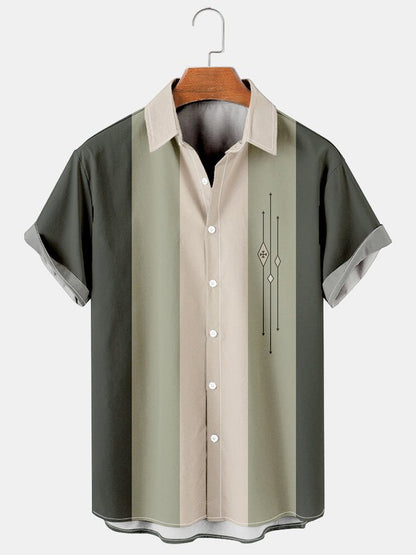 Mens Color-block Striped Casual Breathable Bowling Short Sleeve Shirts