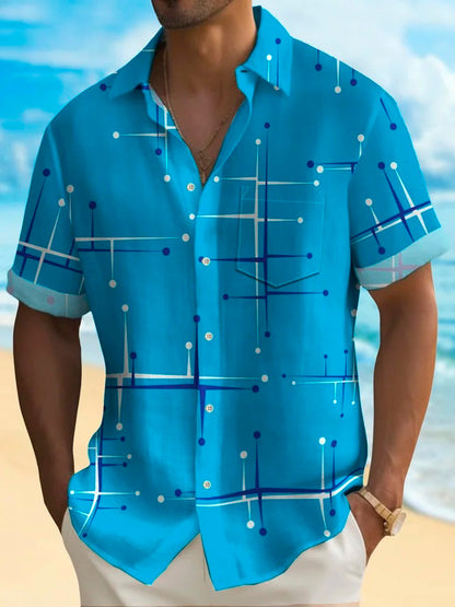 Vintage Mid Century Modern Geometric Blue Men's Casual Short Sleeve Shirt