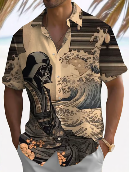 Men's Ukiyo-e Star Wars Print Chestband Hawaiian Short Sleeve Shirt